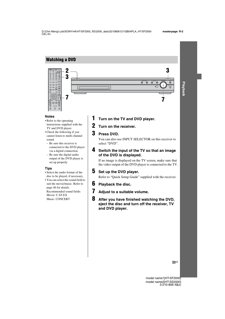 Watching a dvd, Turn on the tv and dvd player, Turn on the receiver | Press dvd, Set up the dvd player, Playback the disc, Adjust to a suitable volume, Play b a ck, Tips | Sony HT-SF2000 User Manual | Page 33 / 68