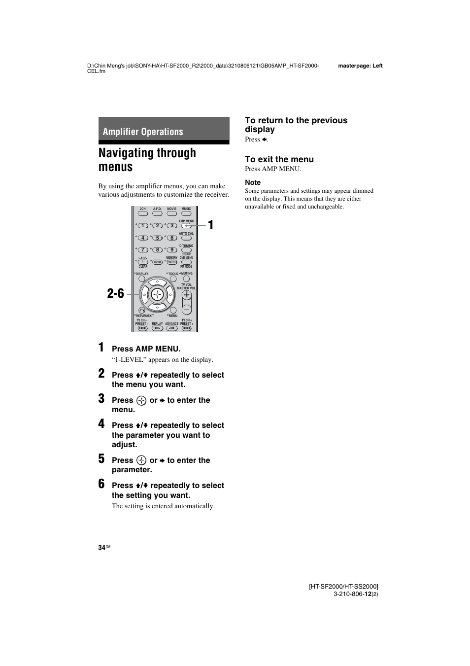 Amplifier operations, Navigating through menus | Sony HT-SF2000 User Manual | Page 34 / 68