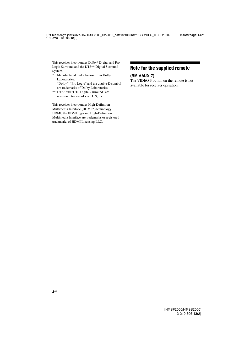 Sony HT-SF2000 User Manual | Page 4 / 68