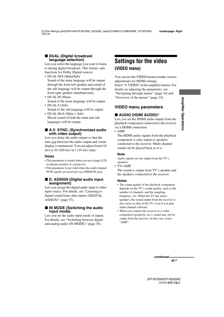 Settings for the video (video menu), Settings for the video, Video menu) | Sony HT-SF2000 User Manual | Page 41 / 68