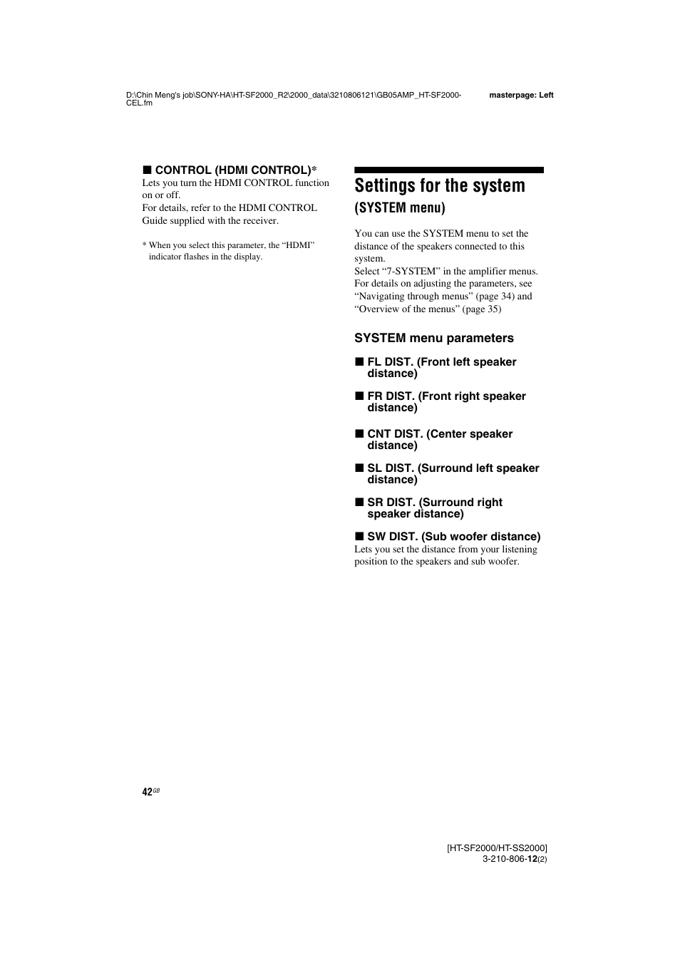 Settings for the system (system menu), Settings for the system, System menu) | Sony HT-SF2000 User Manual | Page 42 / 68