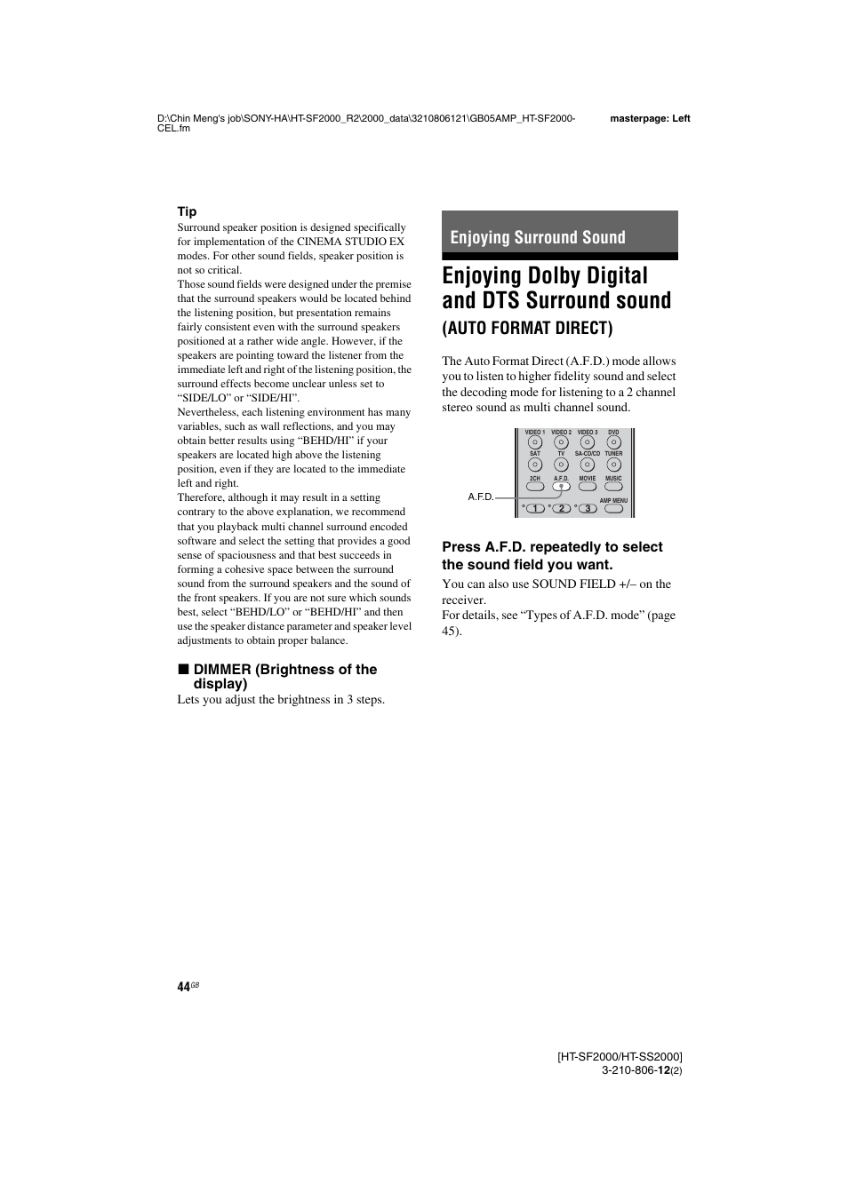Enjoying surround sound, Enjoying dolby digital and dts surround, Sound (auto format direct) | Age 44, Enjoying dolby digital and dts surround sound, Auto format direct), X dimmer (brightness of the display) | Sony HT-SF2000 User Manual | Page 44 / 68