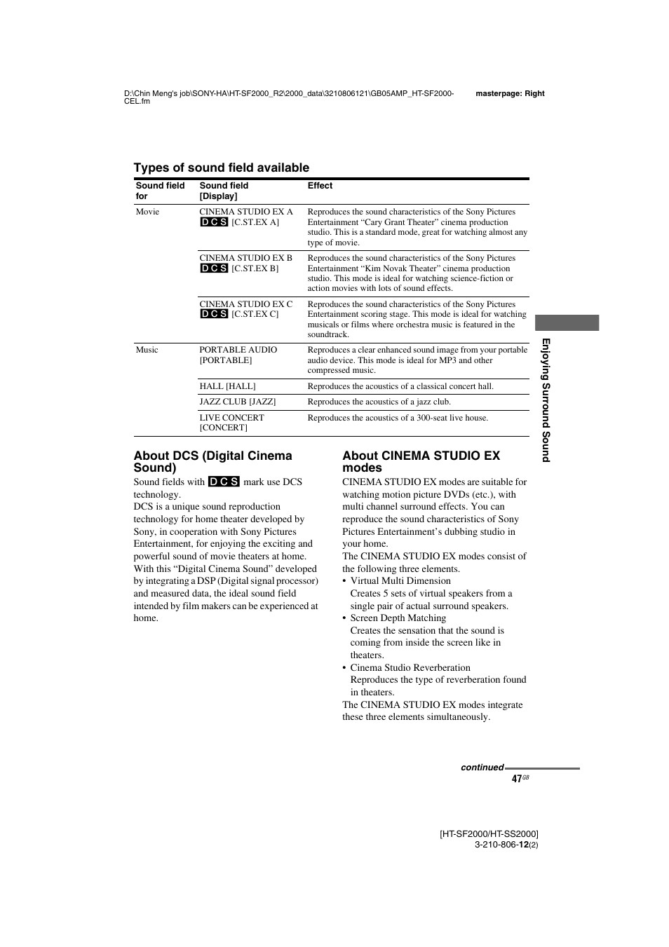 About cinema studio ex modes | Sony HT-SF2000 User Manual | Page 47 / 68