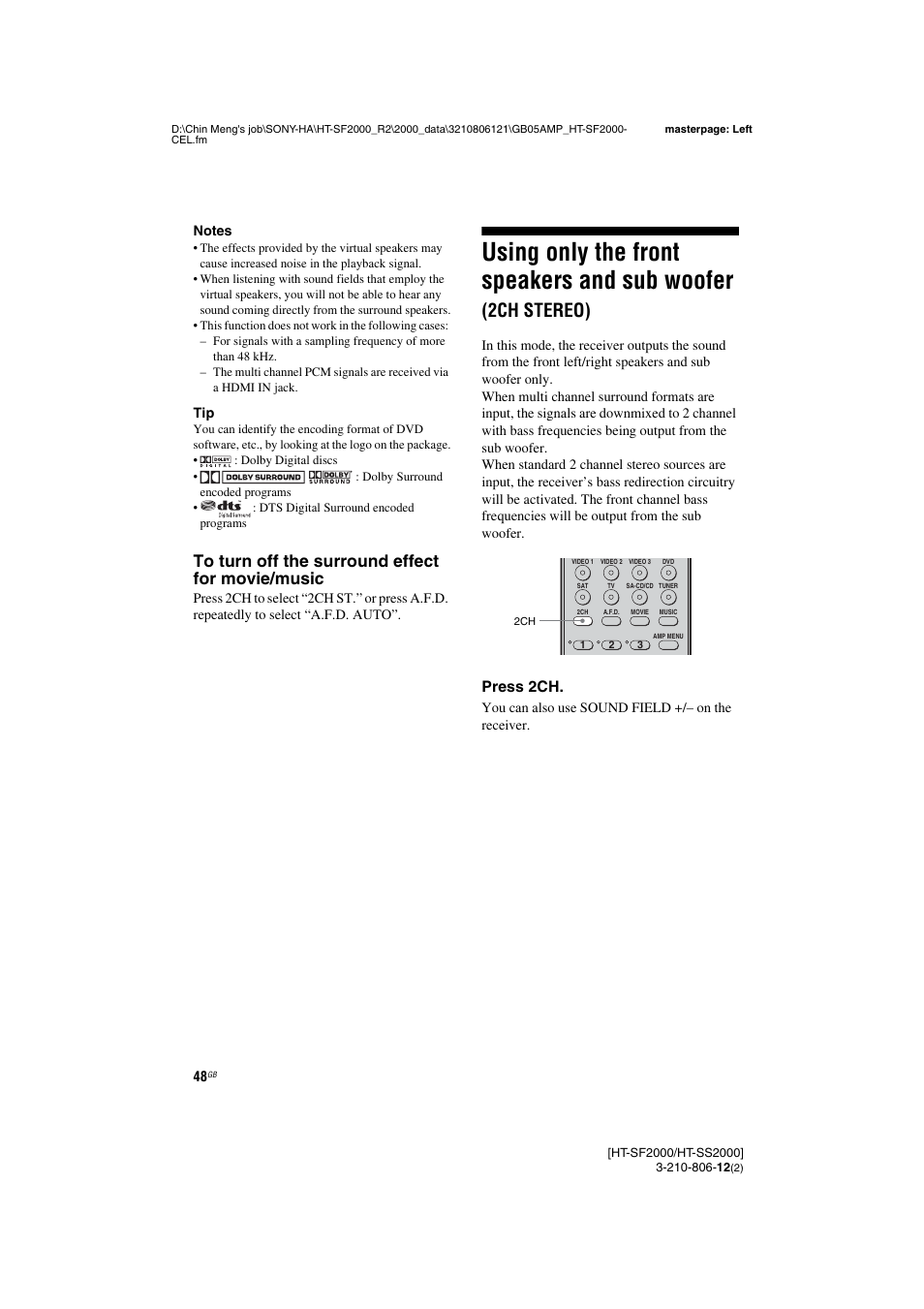 Using only the front speakers and, Sub woofer (2ch stereo), Using only the front speakers and sub woofer | 2ch stereo) | Sony HT-SF2000 User Manual | Page 48 / 68