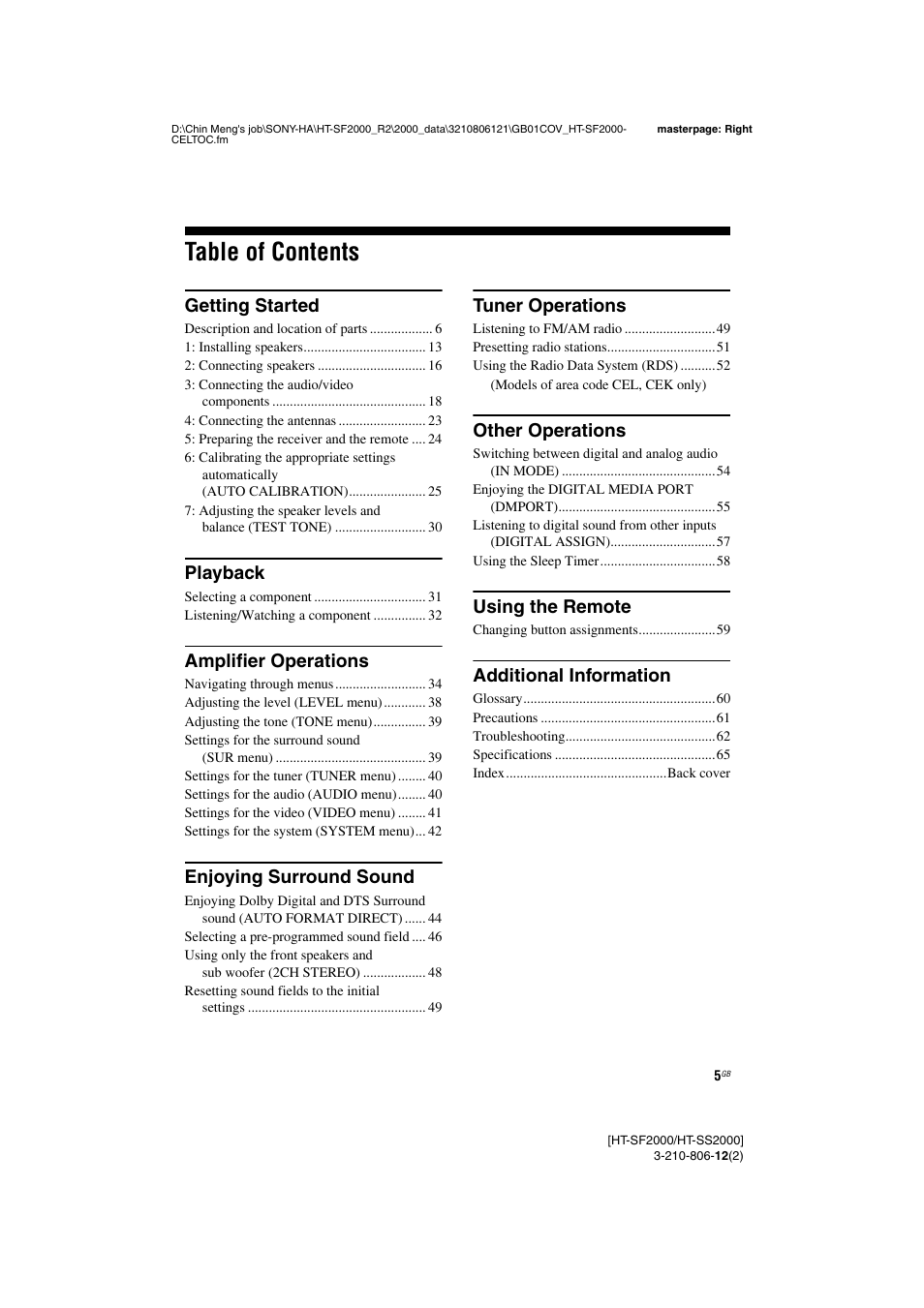 Sony HT-SF2000 User Manual | Page 5 / 68