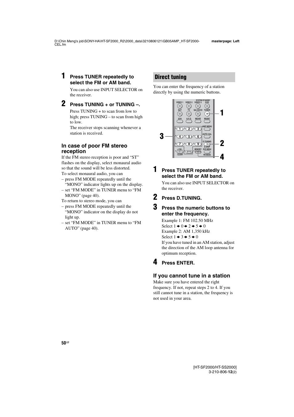 Direct tuning, If you cannot tune in a station | Sony HT-SF2000 User Manual | Page 50 / 68