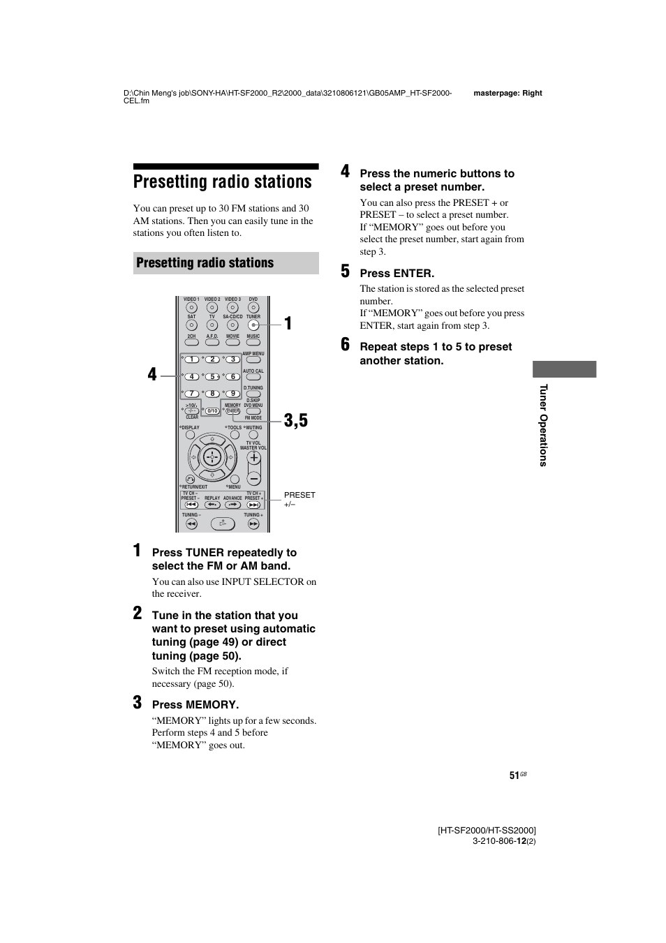 Presetting radio stations, Ations, see, Press tuner repeatedly to select the fm or am band | Press enter, Repeat steps 1 to 5 to preset another station | Sony HT-SF2000 User Manual | Page 51 / 68