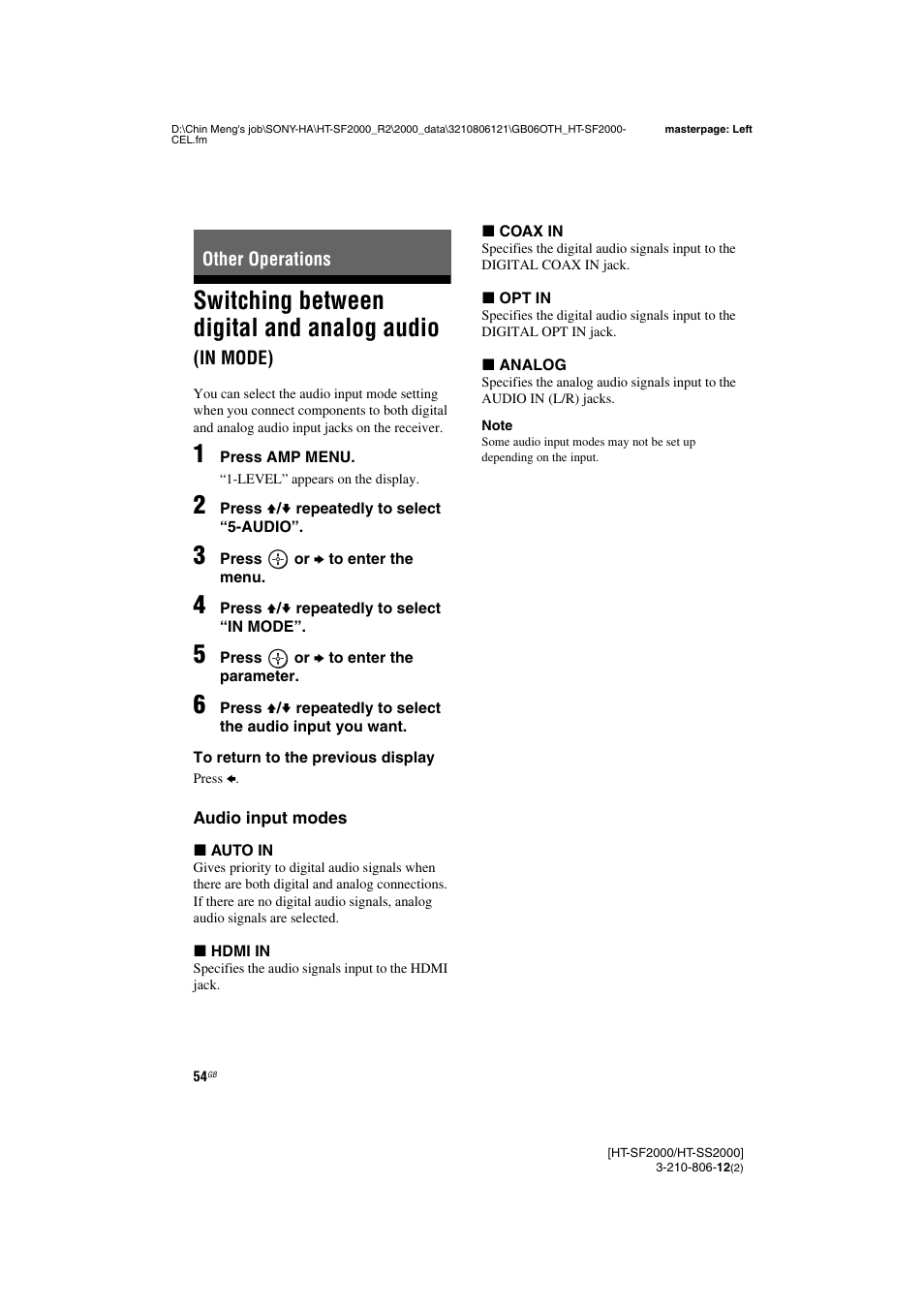 Other operations, Switching between digital and analog audio, In mode) | Sony HT-SF2000 User Manual | Page 54 / 68