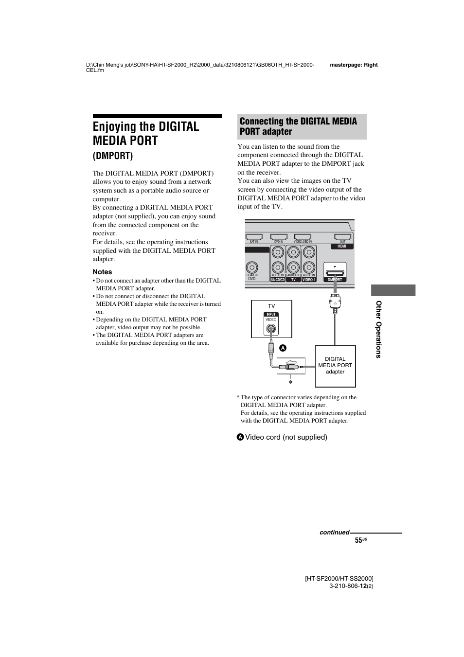 Enjoying the digital media port (dmport), Enjoying the digital media port, Dmport) | Connecting the digital media port adapter | Sony HT-SF2000 User Manual | Page 55 / 68
