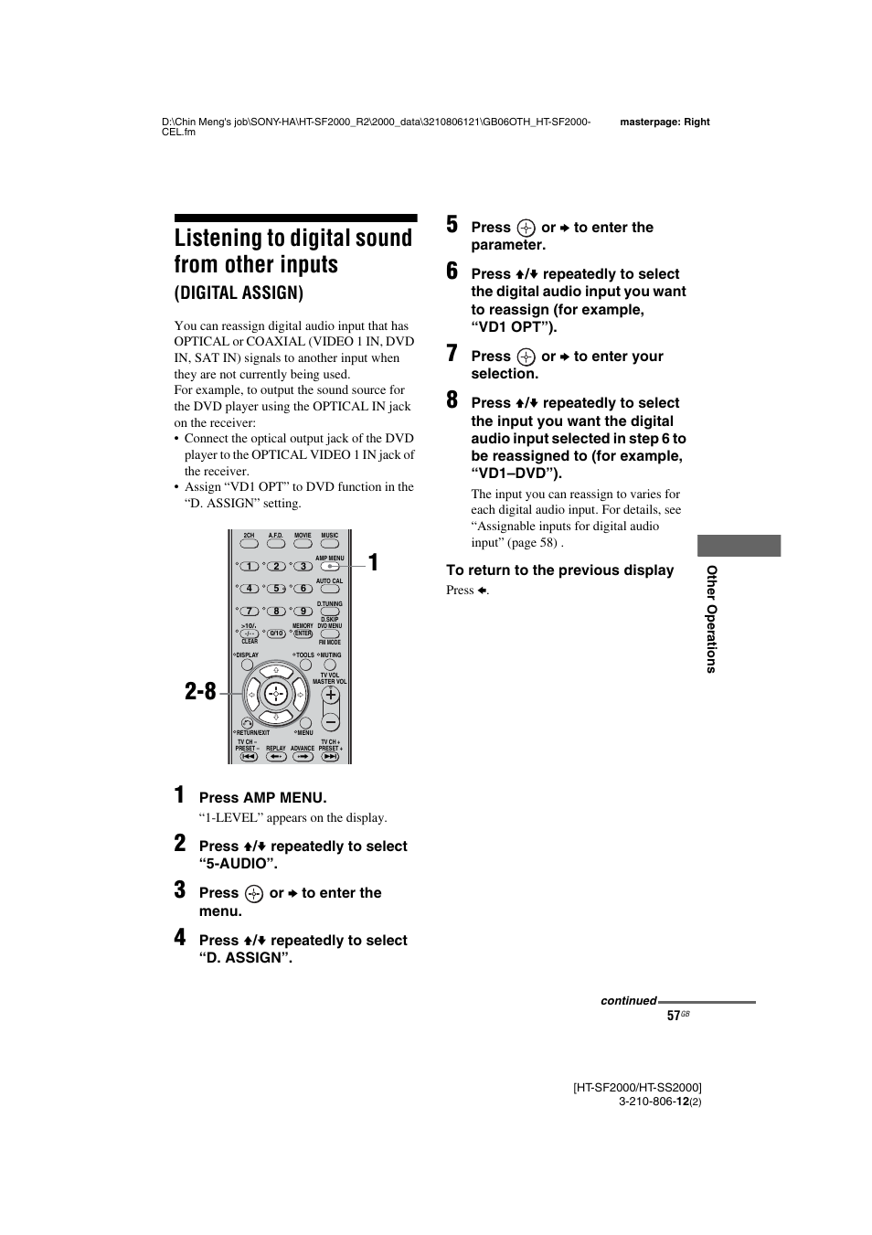 Listening to digital sound from other inputs, Digital assign) | Sony HT-SF2000 User Manual | Page 57 / 68