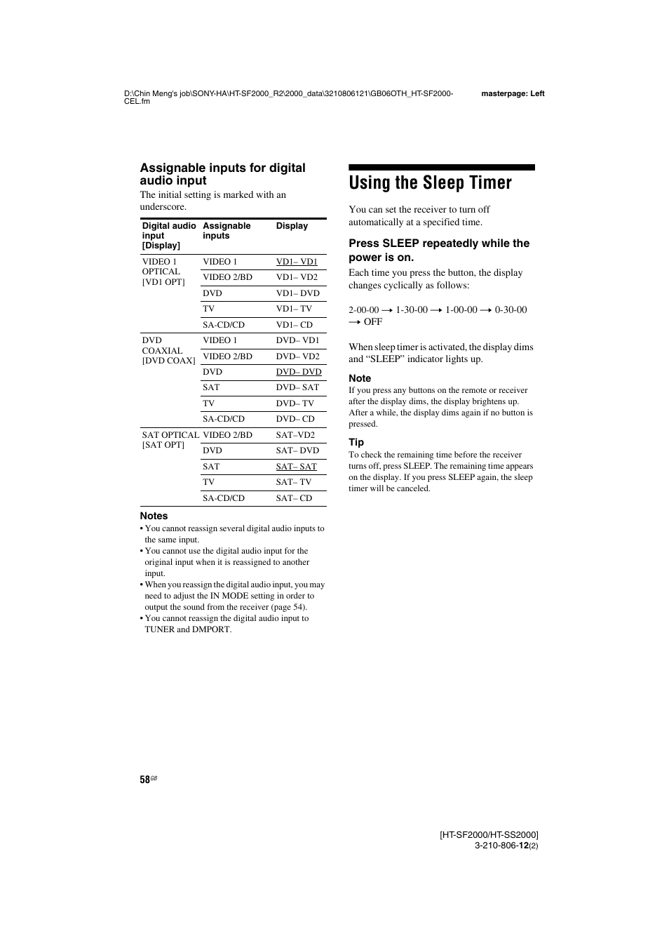 Using the sleep timer, Assignable inputs for digital audio input | Sony HT-SF2000 User Manual | Page 58 / 68