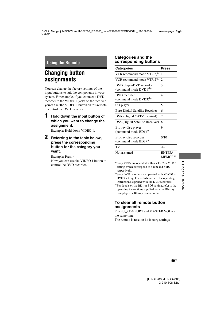Using the remote, Changing button assignments | Sony HT-SF2000 User Manual | Page 59 / 68