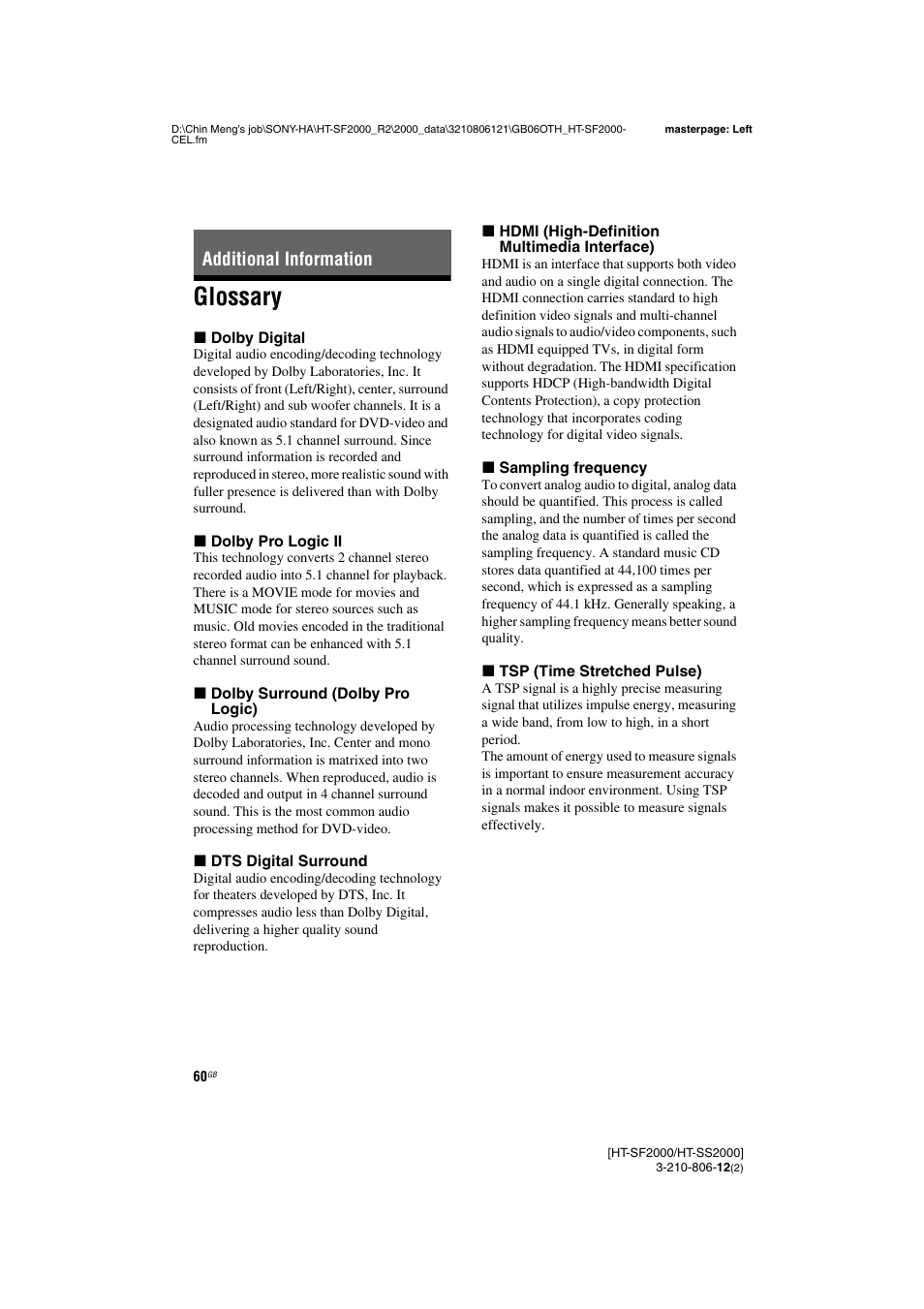 Additional information, Glossary | Sony HT-SF2000 User Manual | Page 60 / 68