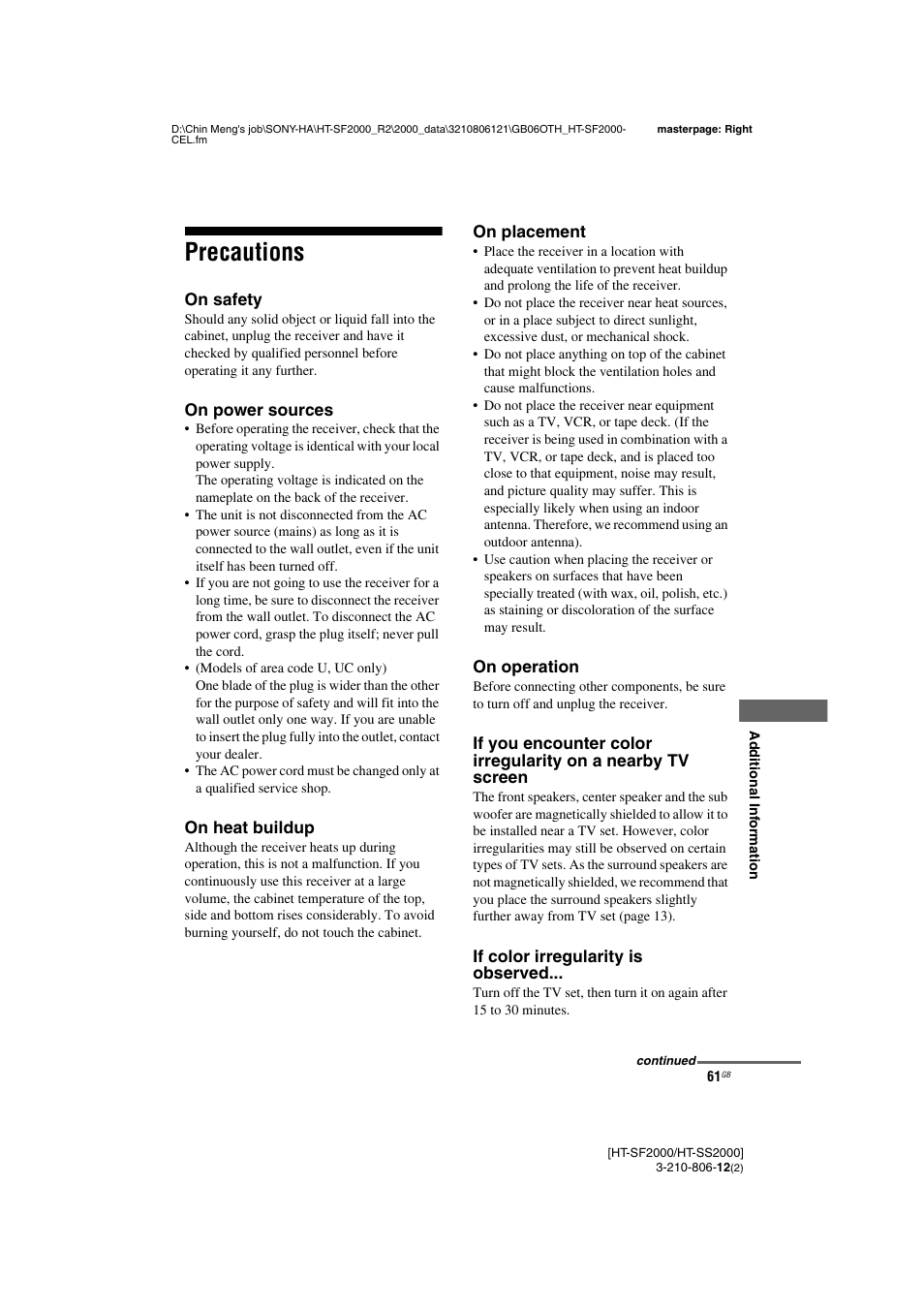Precautions | Sony HT-SF2000 User Manual | Page 61 / 68