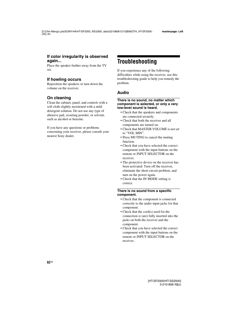 Troubleshooting | Sony HT-SF2000 User Manual | Page 62 / 68