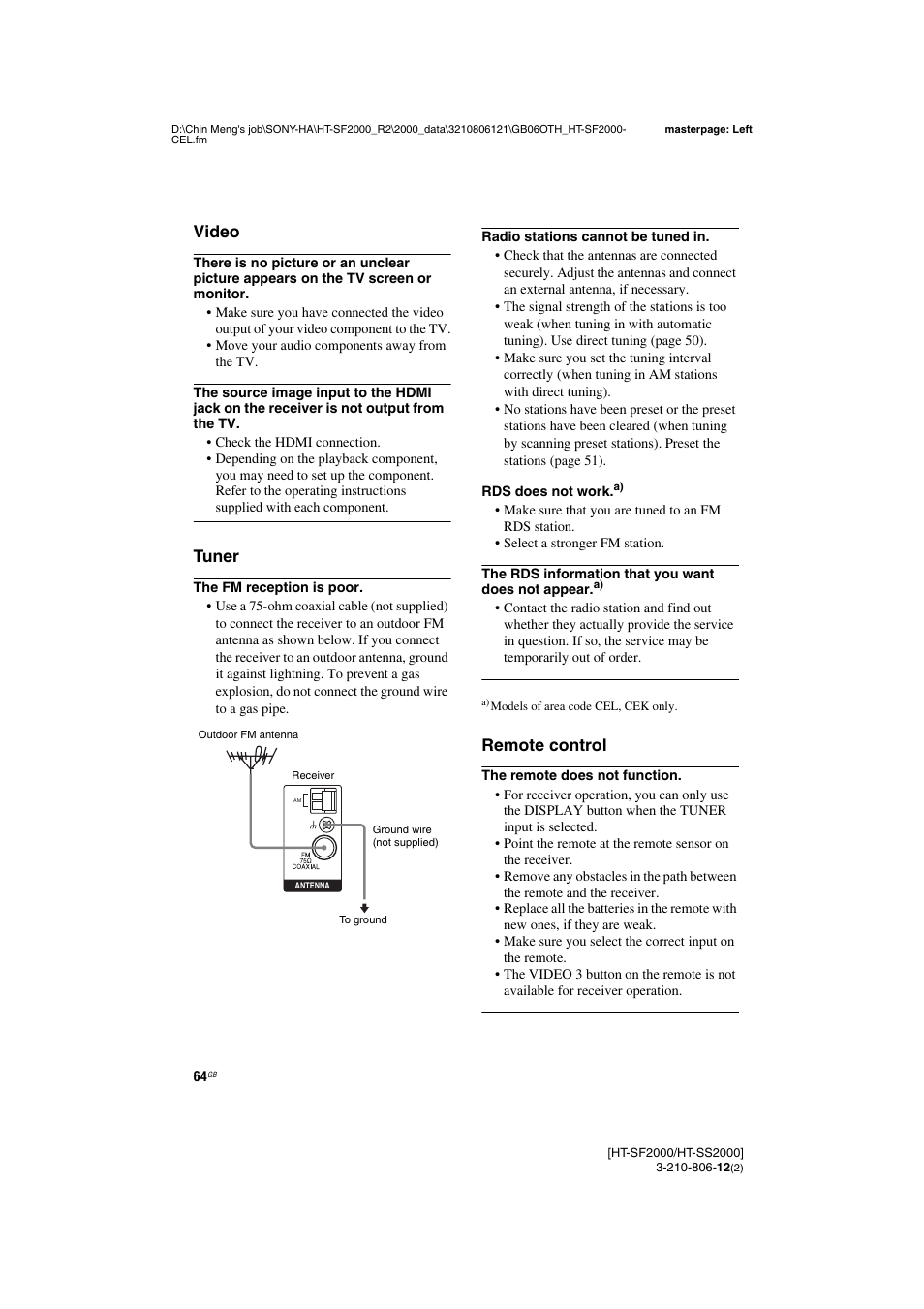 Video, Tuner, Remote control | Sony HT-SF2000 User Manual | Page 64 / 68