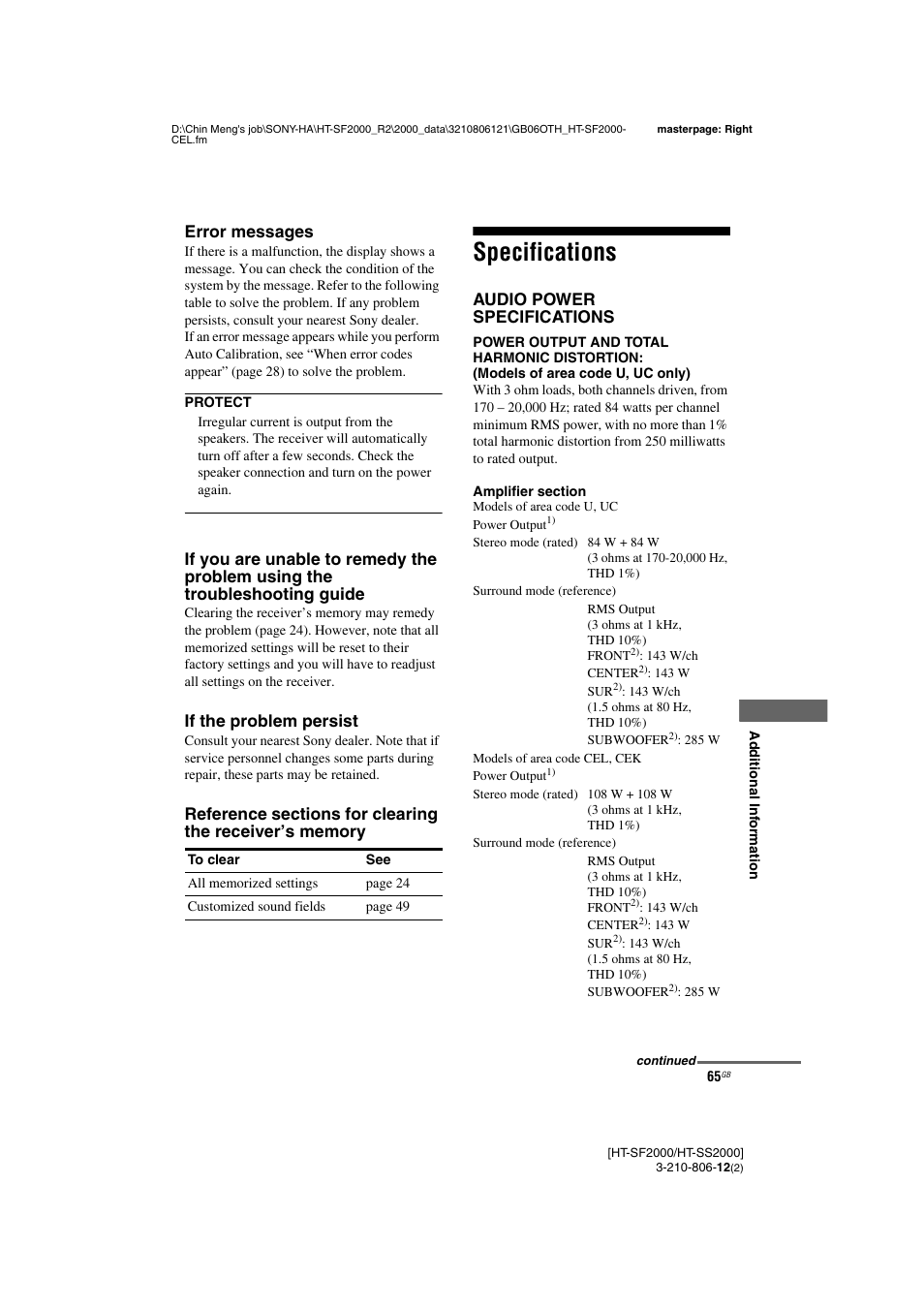 Specifications | Sony HT-SF2000 User Manual | Page 65 / 68