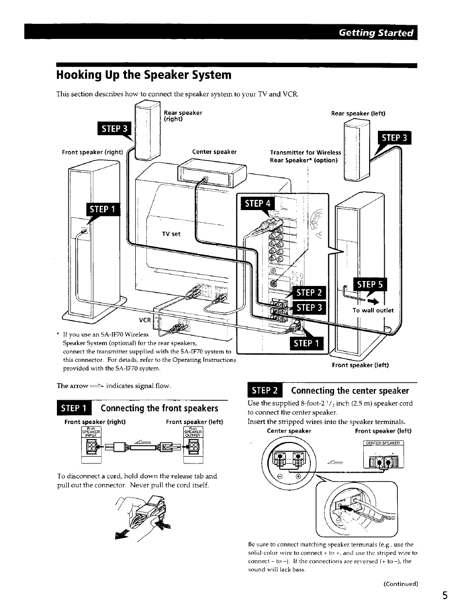 Hooking up the speaker system, Connecting the front speakers, Connecting the center speaker | Steps, Step 2 step 1 connecting the front speakers, Getting started | Sony SAVA-500 User Manual | Page 5 / 20