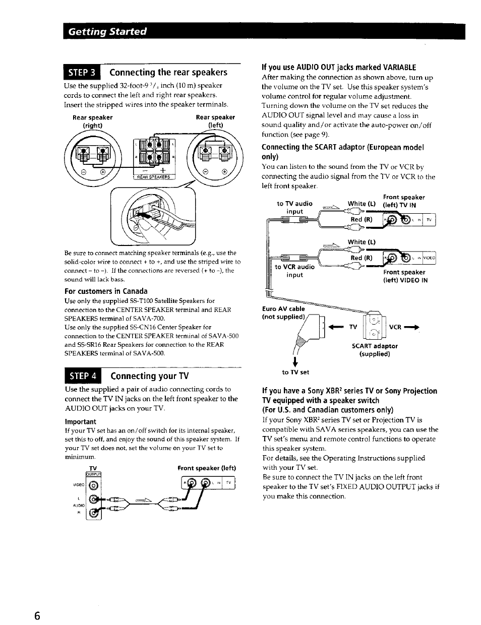 Connecting the rear speakers, For customers in canada, Connecting your tv | If you use audio out jacks marked variable, Connecting the scart adaptor (european model only), Step3 connecting the rear speakers, Step 4 connecting your tv, Getting started | Sony SAVA-500 User Manual | Page 6 / 20
