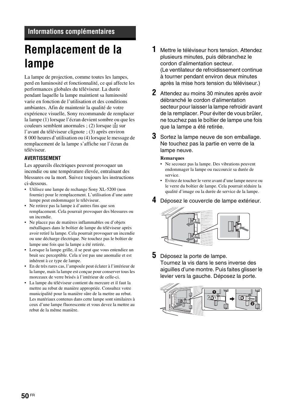 Informations complémentaires, Remplacement de la lampe | Sony KDS-70R2000 User Manual | Page 106 / 236