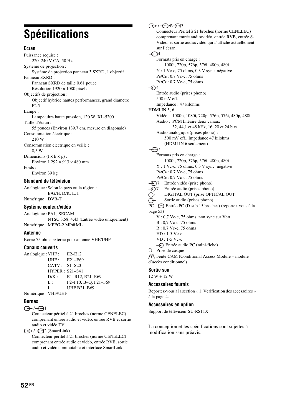 Spécifications | Sony KDS-70R2000 User Manual | Page 108 / 236