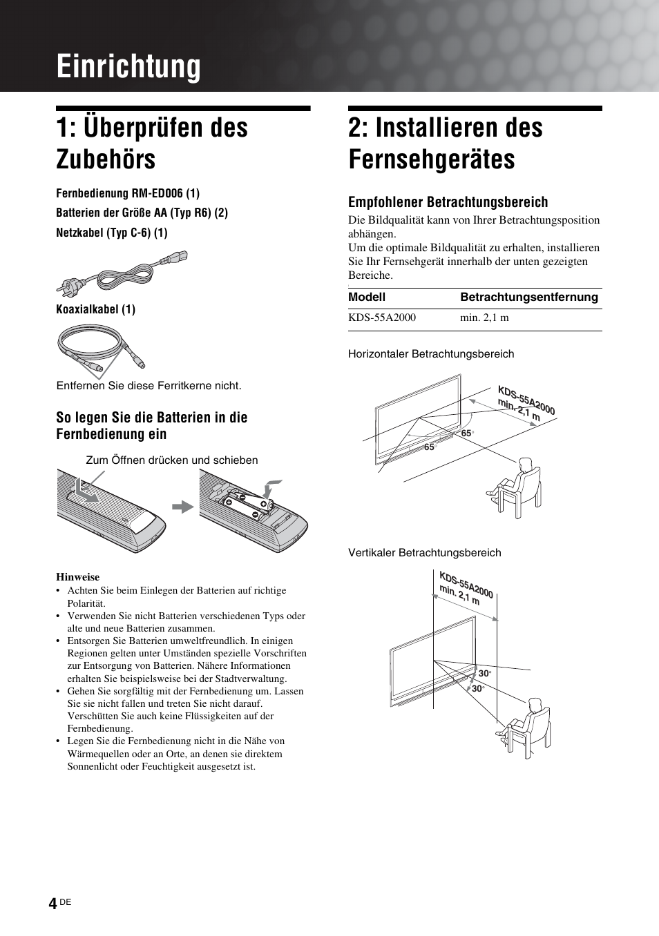 Einrichtung, Überprüfen des zubehörs, Installieren des fernsehgerätes | Empfohlener betrachtungsbereich | Sony KDS-70R2000 User Manual | Page 118 / 236