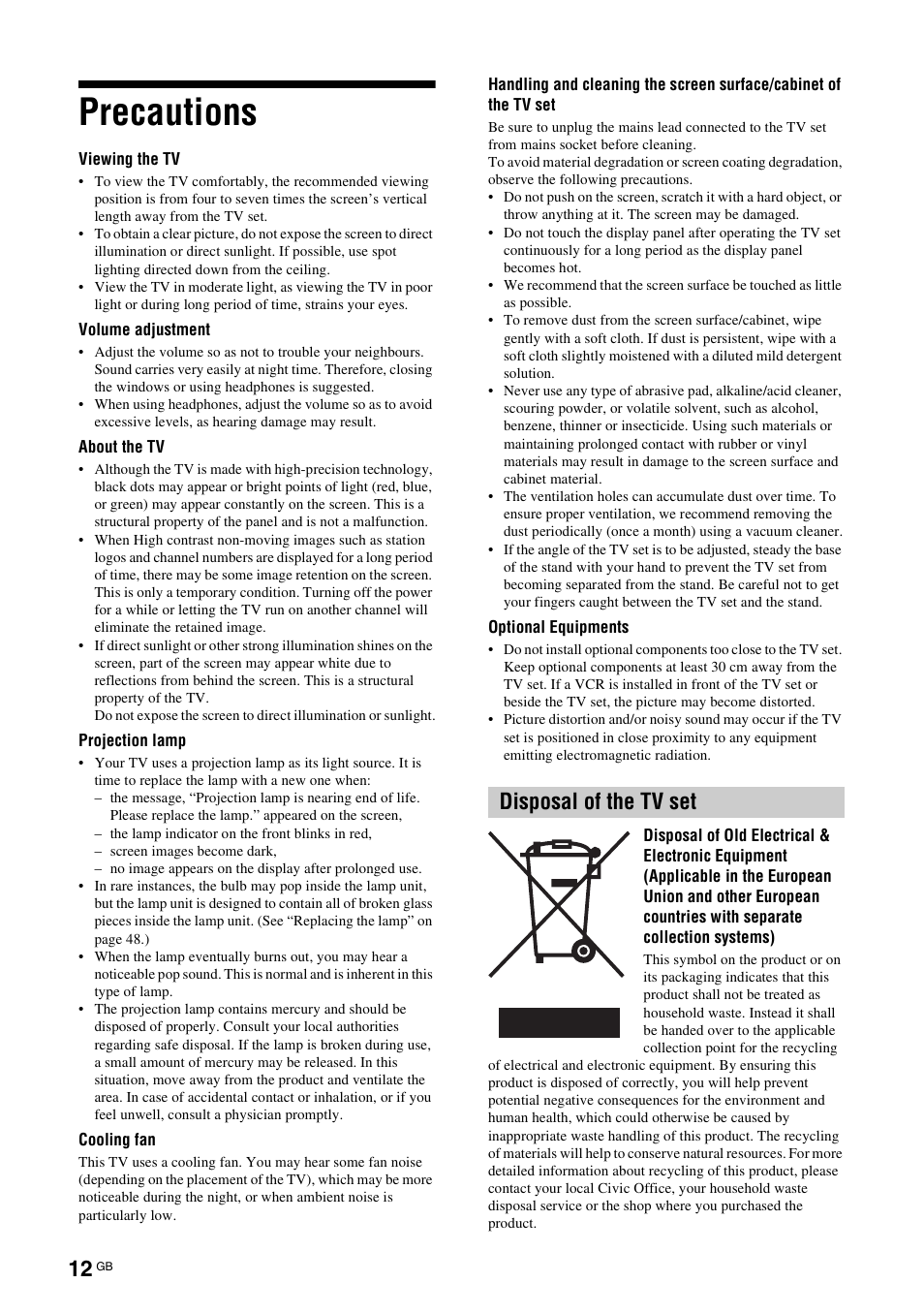 Precautions, Disposal of the tv set | Sony KDS-70R2000 User Manual | Page 12 / 236