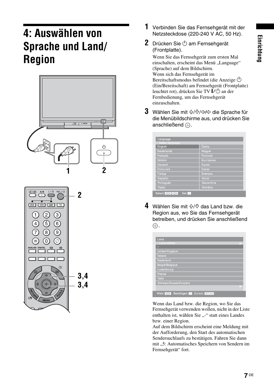 Auswählen von sprache und land/ region | Sony KDS-70R2000 User Manual | Page 121 / 236