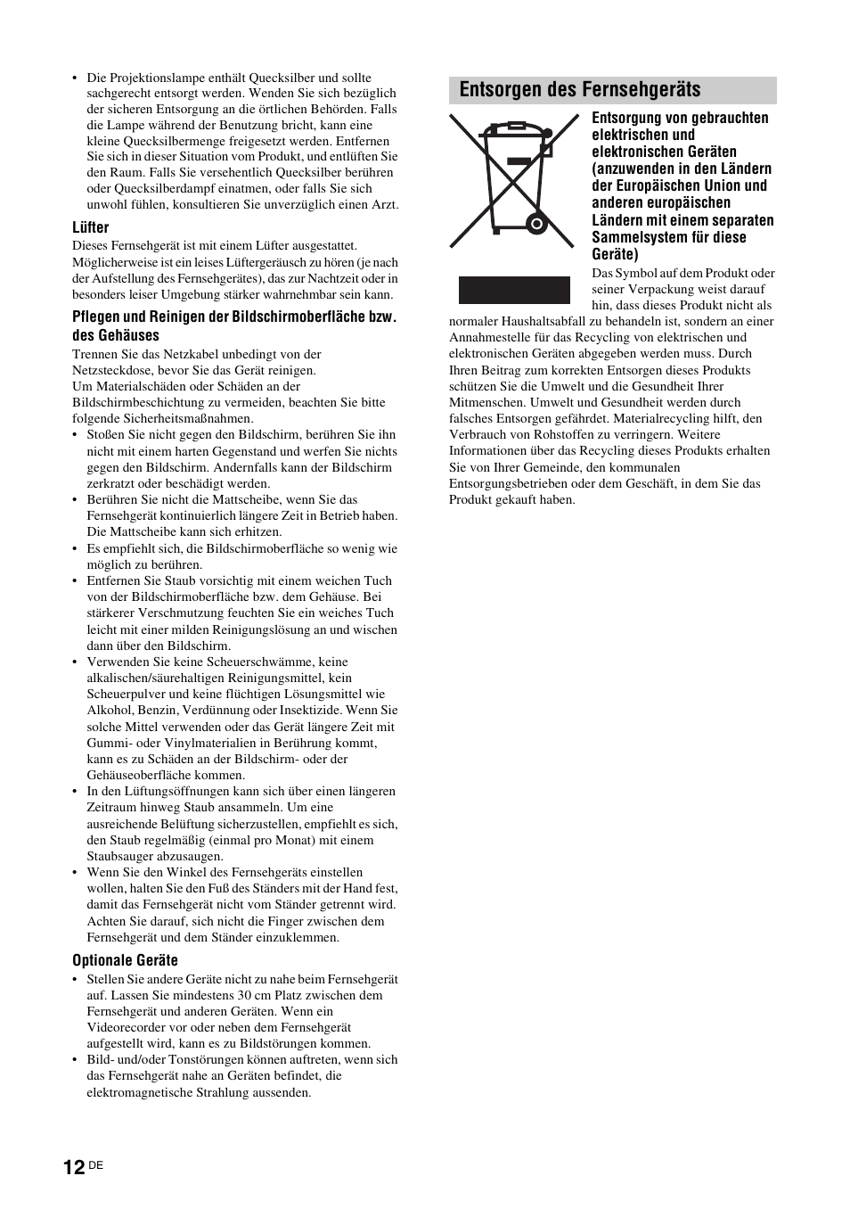 Entsorgen des fernsehgeräts | Sony KDS-70R2000 User Manual | Page 126 / 236