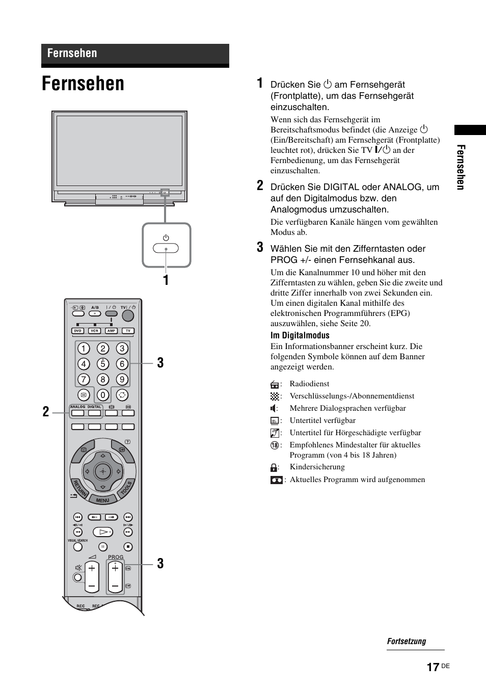 Fernsehen, Seite 17) | Sony KDS-70R2000 User Manual | Page 131 / 236