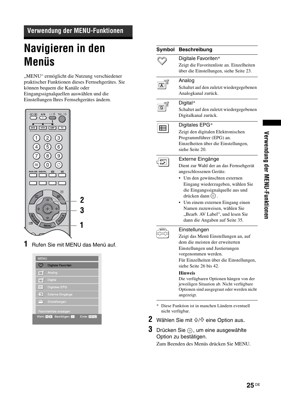 Verwendung der menu-funktionen, Navigieren in den menüs, Nu (seite 25) | Seite 25) | Sony KDS-70R2000 User Manual | Page 139 / 236