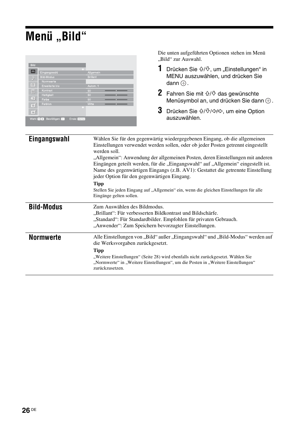 Menü „bild, Siehe seite 26 | Sony KDS-70R2000 User Manual | Page 140 / 236