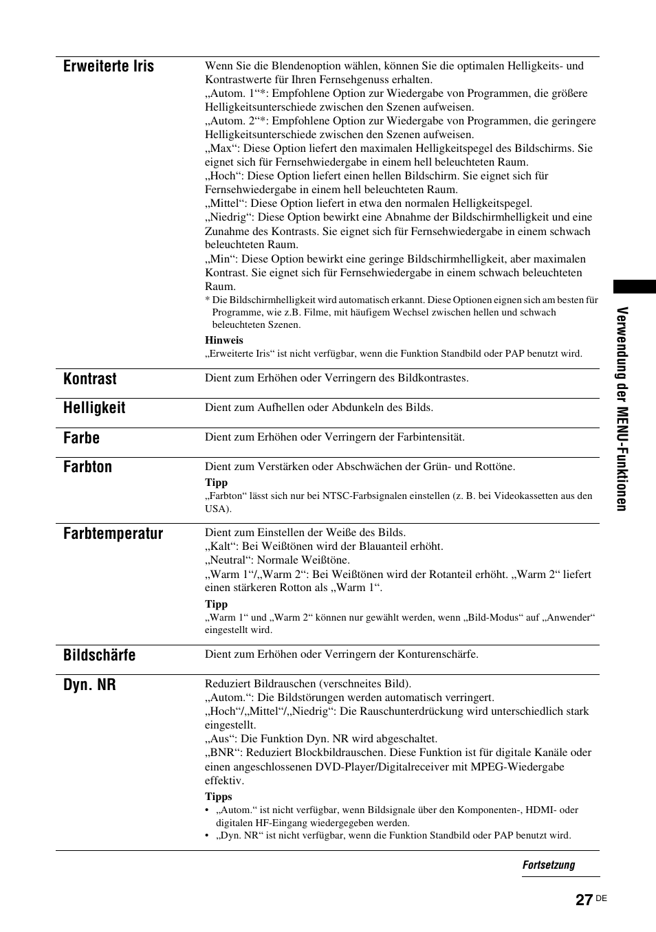 Erweiterte iris, Kontrast, Helligkeit | Farbe, Farbton, Farbtemperatur, Bildschärfe, Dyn. nr | Sony KDS-70R2000 User Manual | Page 141 / 236