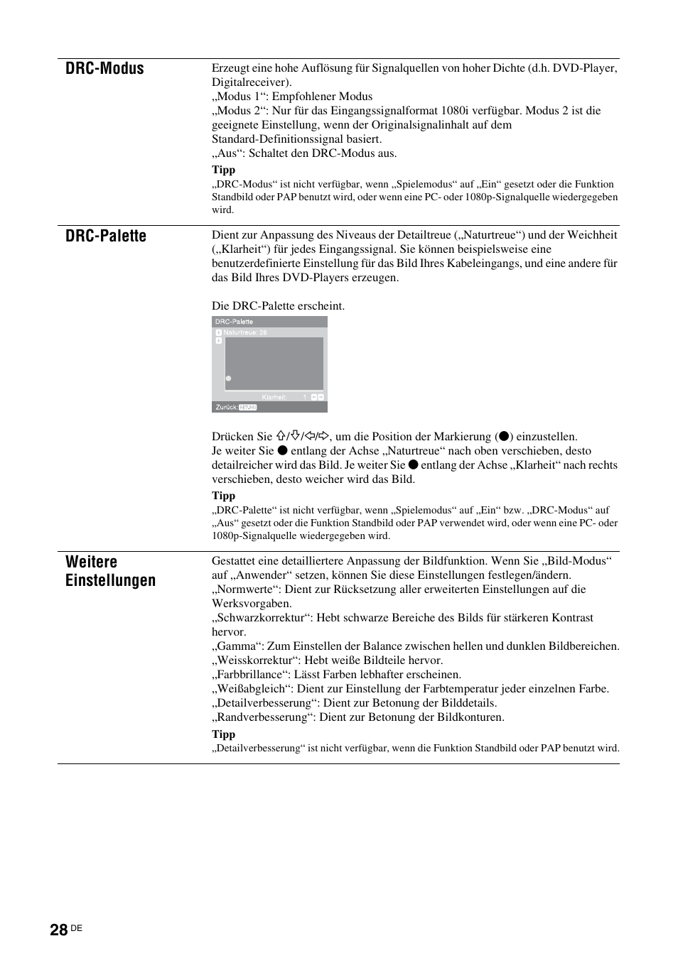 Drc-modus, Drc-palette, Weitere einstellungen | Sony KDS-70R2000 User Manual | Page 142 / 236