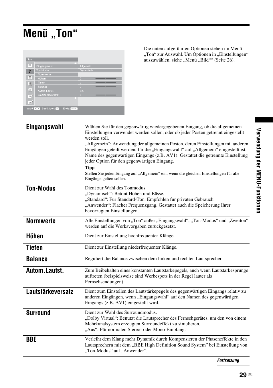 Menü „ton, Siehe seite 29 | Sony KDS-70R2000 User Manual | Page 143 / 236