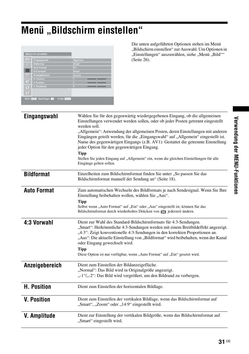 Menü „bildschirm einstellen, Seite 31) | Sony KDS-70R2000 User Manual | Page 145 / 236