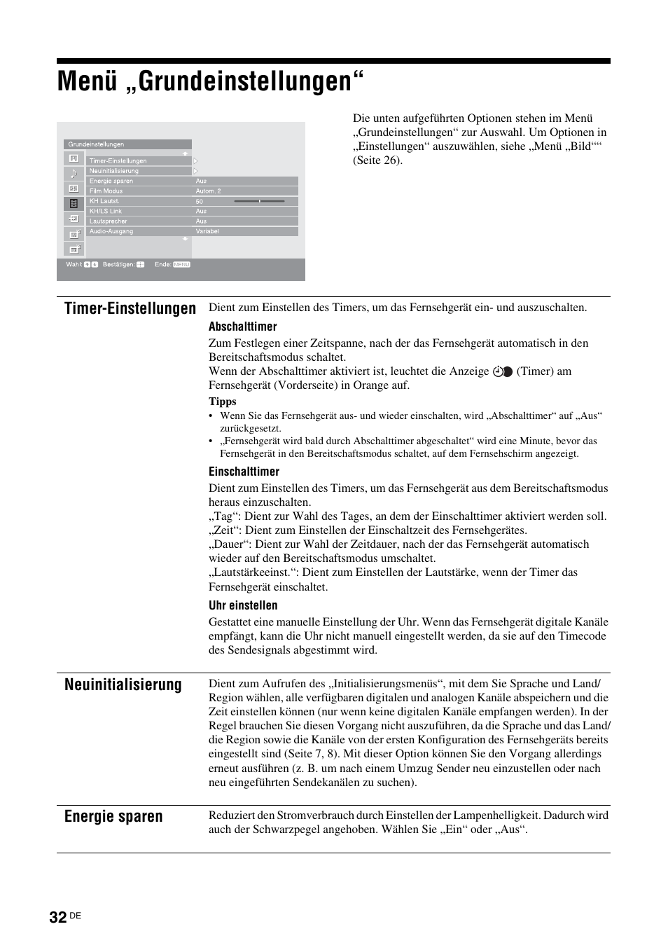 Menü „grundeinstellungen, T (seite 32), Siehe seite 32 | Timer-einstellungen, Neuinitialisierung, Energie sparen | Sony KDS-70R2000 User Manual | Page 146 / 236