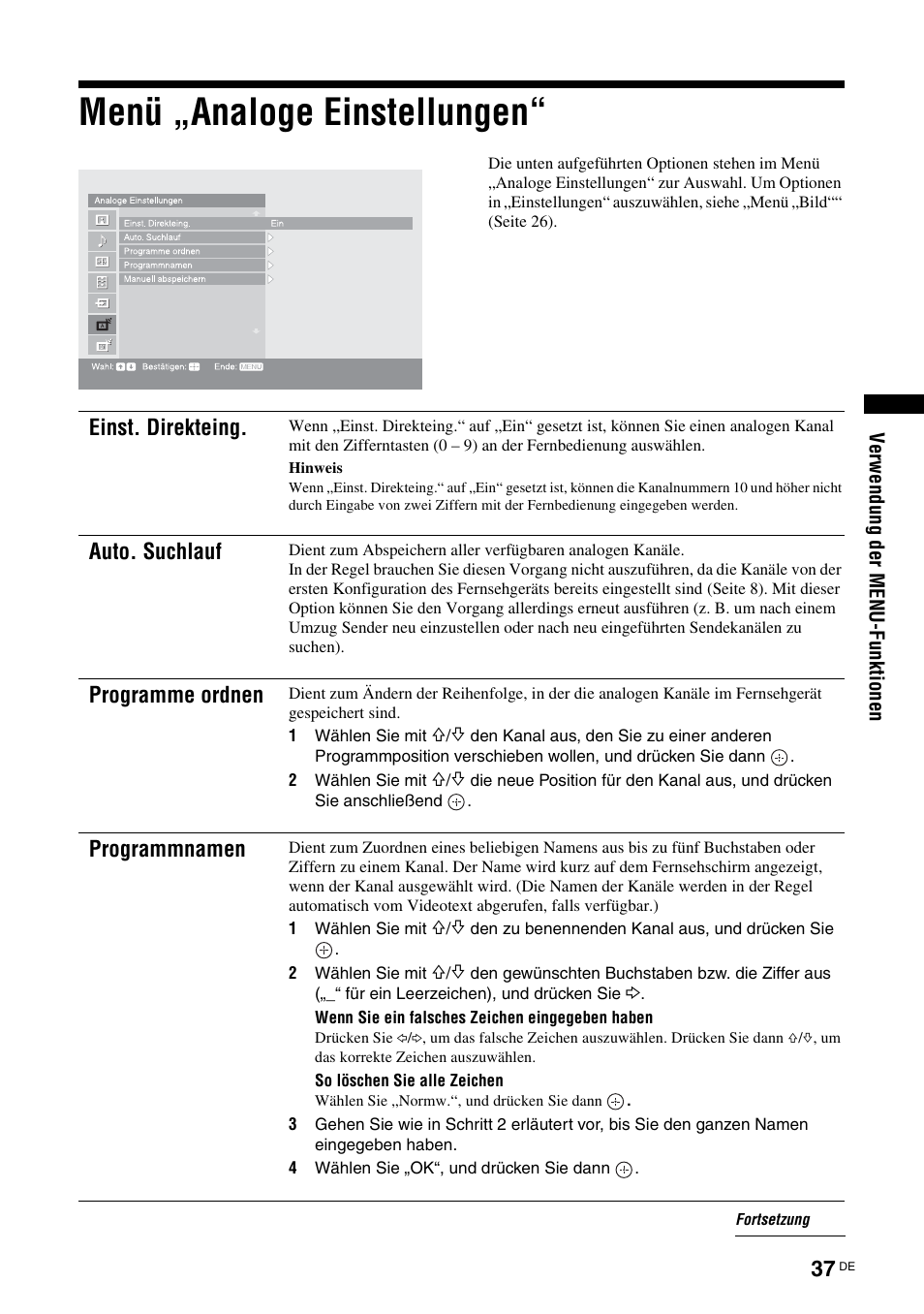 Menü „analoge einstellungen, Einst. direkteing, Auto. suchlauf | Programme ordnen, Programmnamen | Sony KDS-70R2000 User Manual | Page 151 / 236