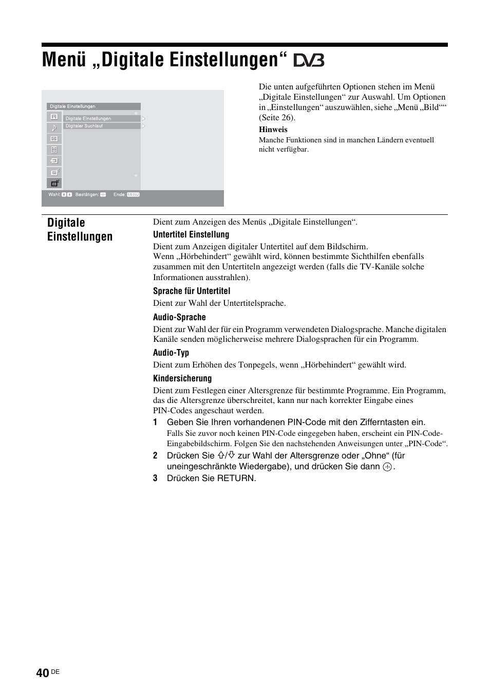 Menü „digitale einstellungen, Siehe seite 40, Digitale einstellungen | Sony KDS-70R2000 User Manual | Page 154 / 236