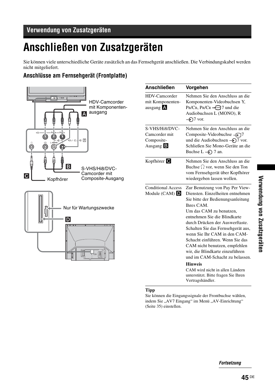 Verwendung von zusatzgeräten, Anschließen von zusatzgeräten, Seite 45) | En (seite 45) | Sony KDS-70R2000 User Manual | Page 159 / 236