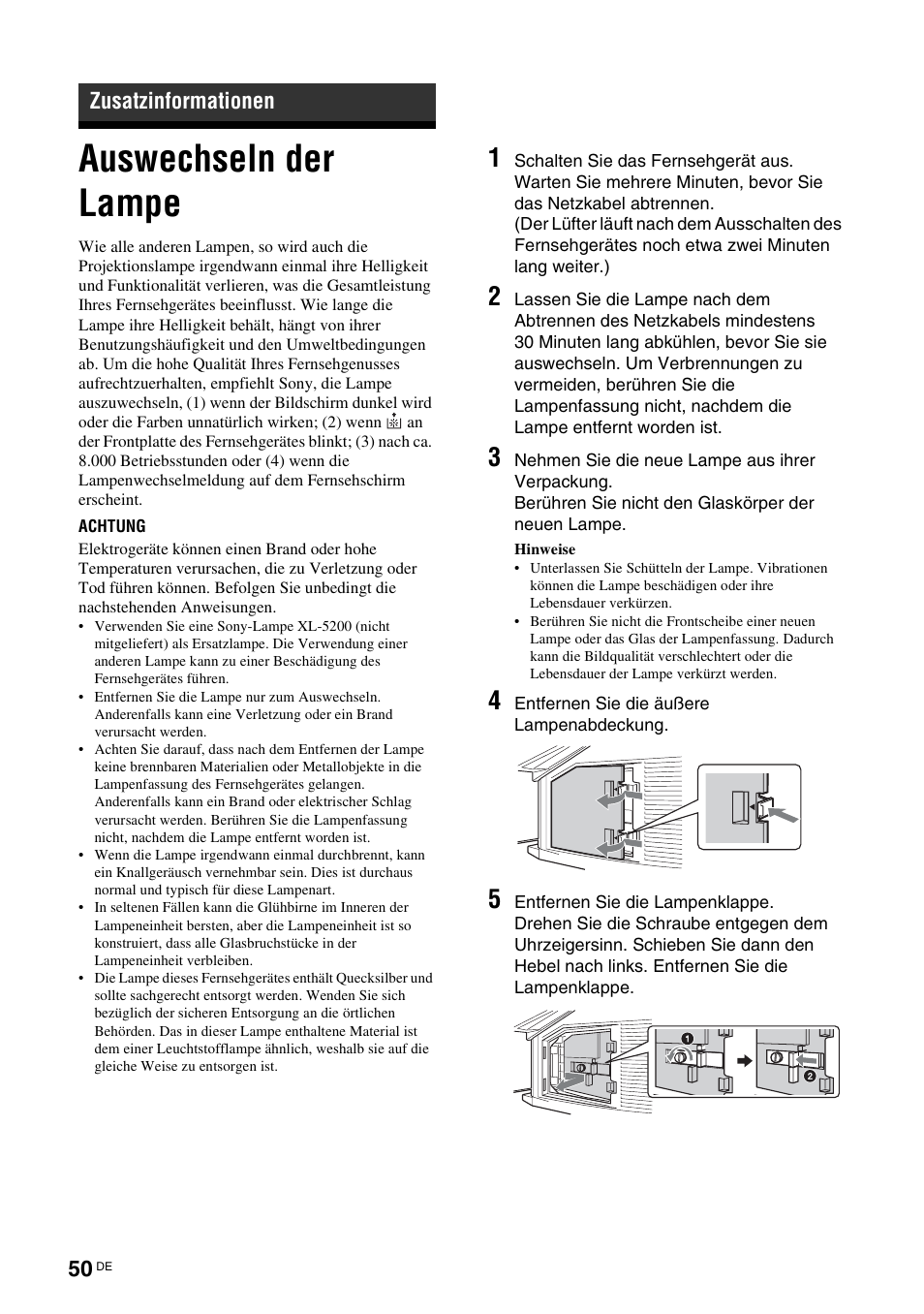 Zusatzinformationen, Auswechseln der lampe | Sony KDS-70R2000 User Manual | Page 164 / 236