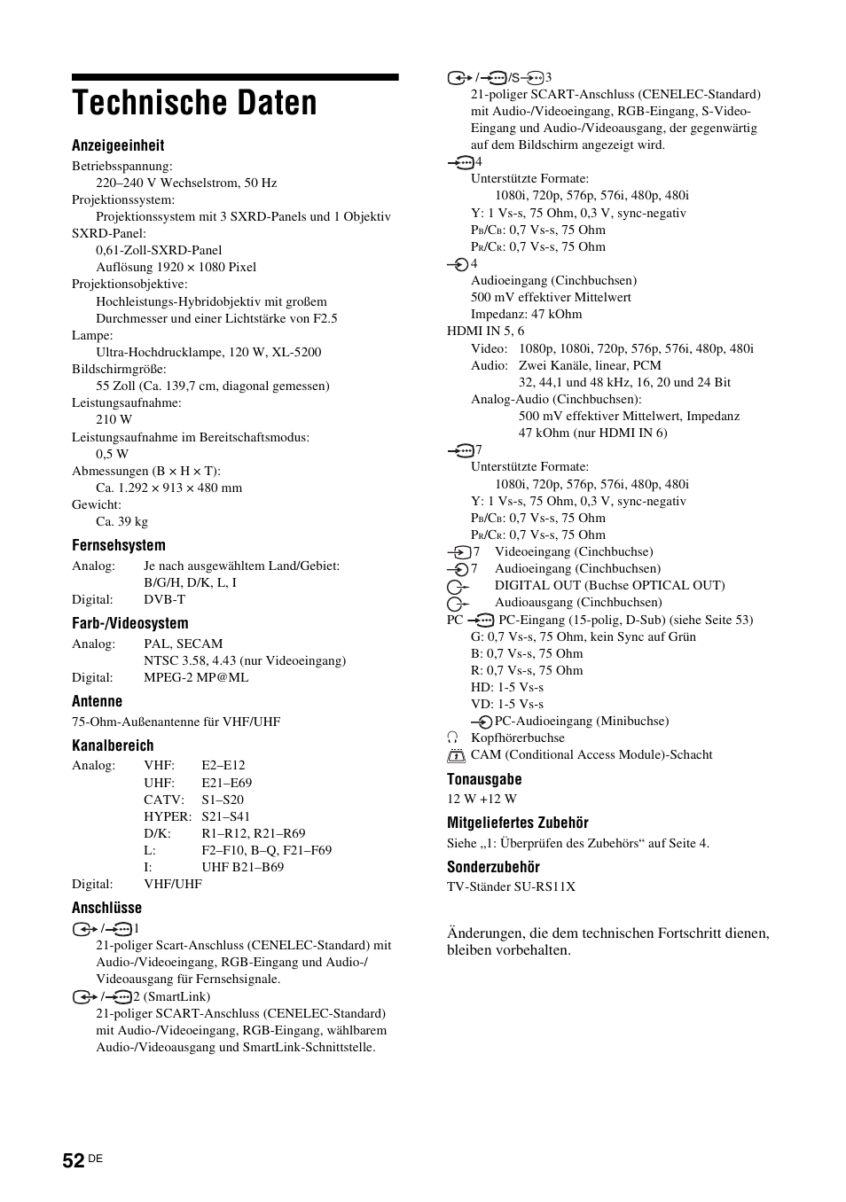 Technische daten | Sony KDS-70R2000 User Manual | Page 166 / 236