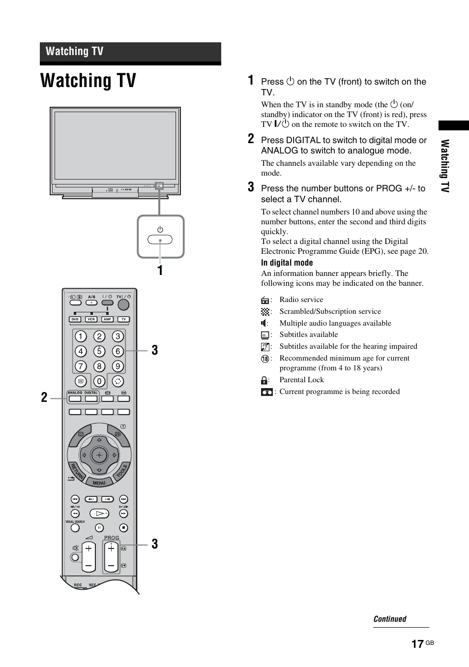 Watching tv | Sony KDS-70R2000 User Manual | Page 17 / 236