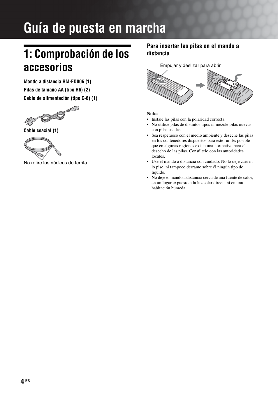 Guía de puesta en marcha, Comprobación de los accesorios | Sony KDS-70R2000 User Manual | Page 176 / 236