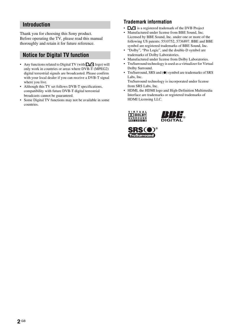 Introduction notice for digital tv function, Trademark information | Sony KDS-70R2000 User Manual | Page 2 / 236