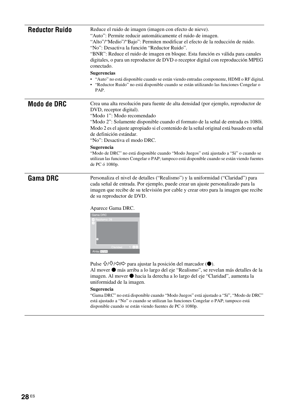 Reductor ruido, Modo de drc, Gama drc | Sony KDS-70R2000 User Manual | Page 200 / 236