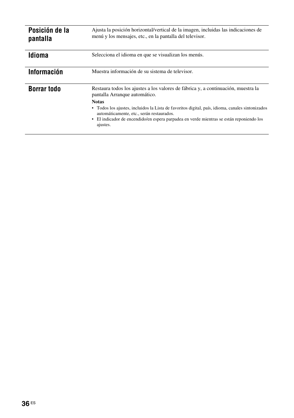 Posición de la pantalla, Idioma, Información | Borrar todo | Sony KDS-70R2000 User Manual | Page 208 / 236