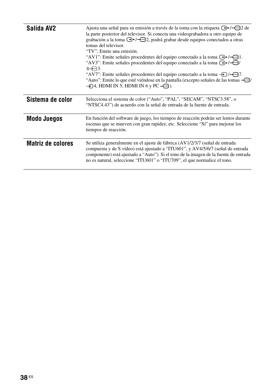 Salida av2, Sistema de color, Modo juegos | Matriz de colores | Sony KDS-70R2000 User Manual | Page 210 / 236