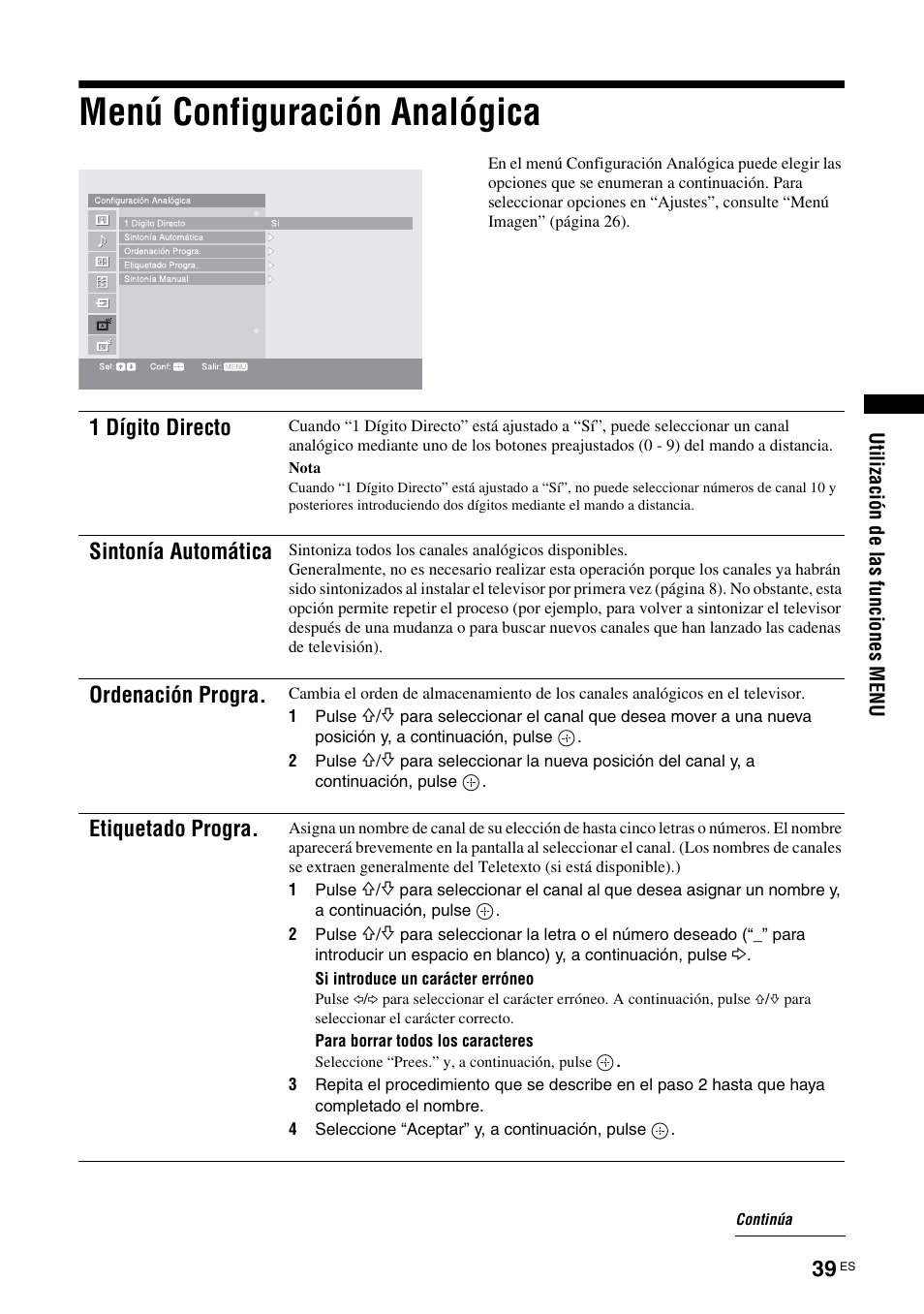 Menú configuración analógica, 1 dígito directo, Sintonía automática | Ordenación progra, Etiquetado progra | Sony KDS-70R2000 User Manual | Page 211 / 236