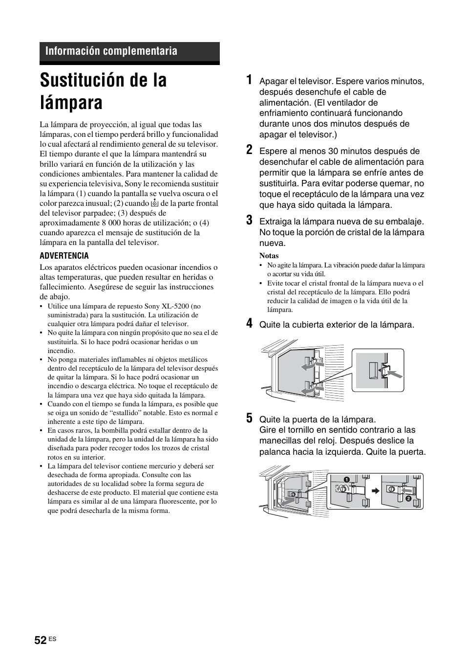 Información complementaria, Sustitución de la lámpara | Sony KDS-70R2000 User Manual | Page 224 / 236